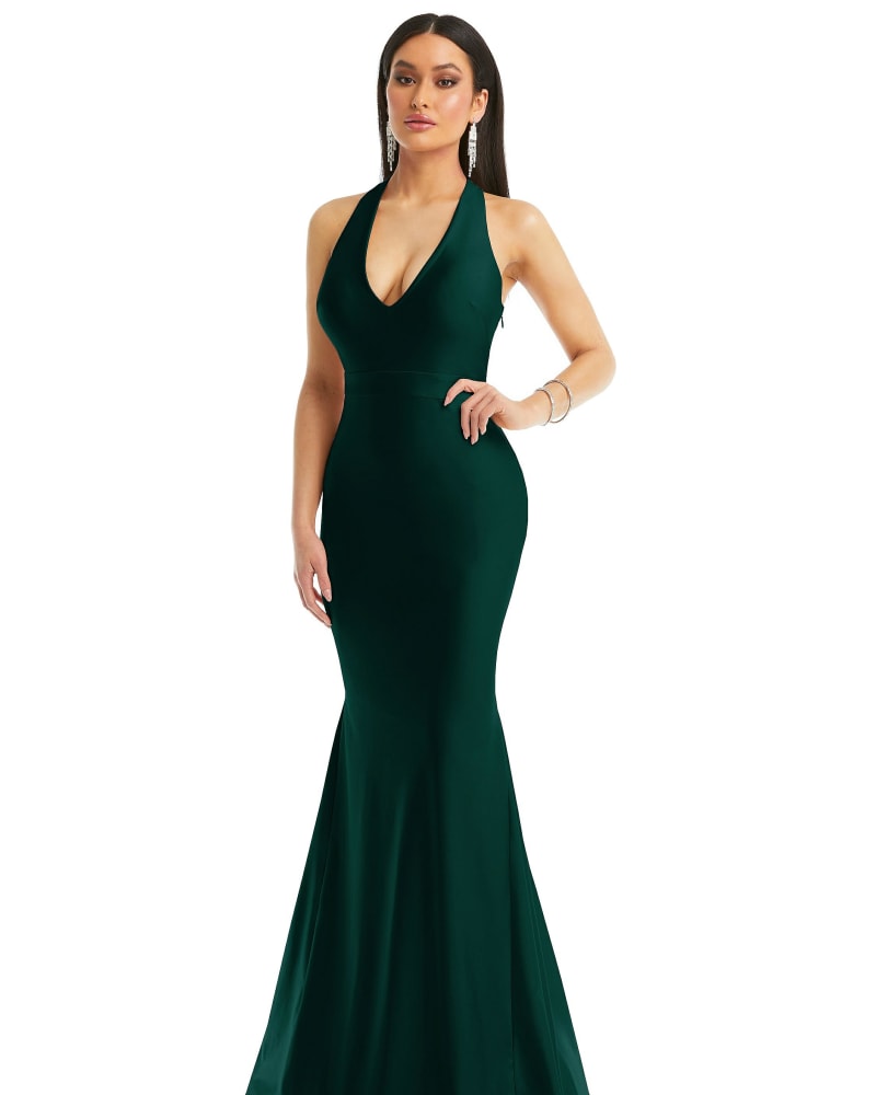 Front of a model wearing a size XL Plunge Neckline Cutout Low Back Stretch Satin Mermaid Dress in Evergreen by Cynthia & Sahar. | dia_product_style_image_id:301275